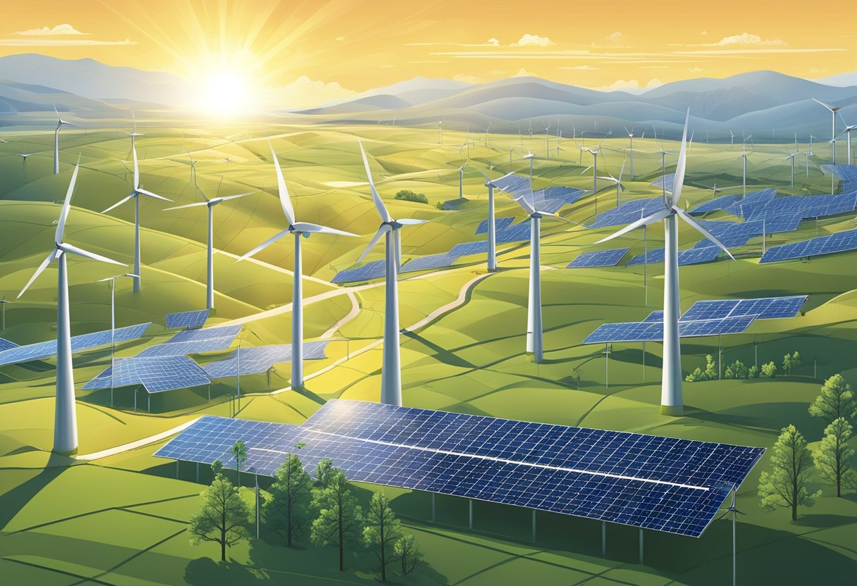 The sun shines down on a landscape dotted with wind turbines and solar panels, all connected by a network of power lines and smart grid technology