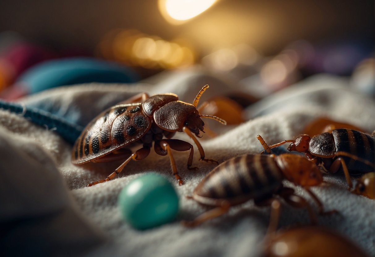 Bed bugs infest clothes in a cluttered bedroom closet