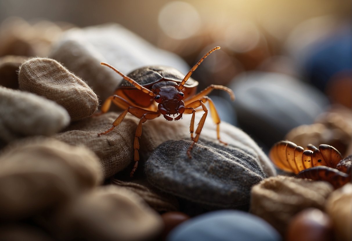 Bed bugs crawl out of a pile of clothes, searching for a place to hide