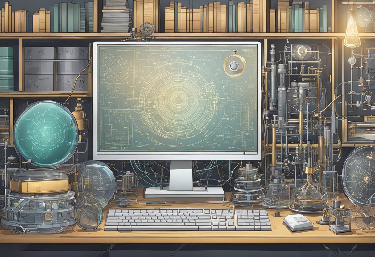 A quantum computer surrounded by scientific instruments and equations, symbolizing its role in modern science