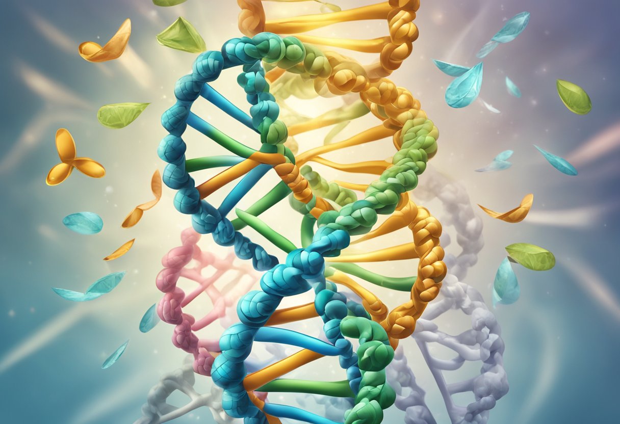 A DNA double helix unravels, revealing genetic information. A medical symbol, like a caduceus, hovers above, representing personalized medicine's impact