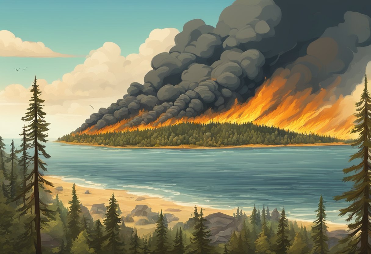 Raging wildfires consume a once lush forest, as rising sea levels flood coastal cities, illustrating the devastating impact of global warming