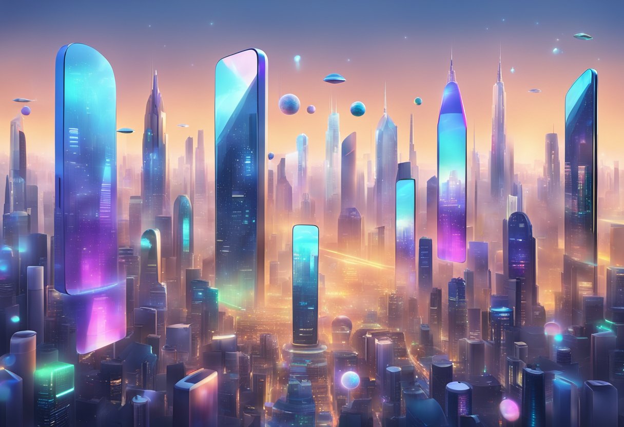 A futuristic city skyline with holographic displays of various cellphone models floating in the air, showcasing the latest technology and trends in 2024