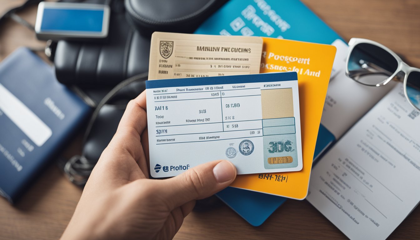 A traveler's hand holding a passport, boarding pass, and travel insurance documents, with a pile of unnecessary items like bulky guidebooks and excessive cash left at home