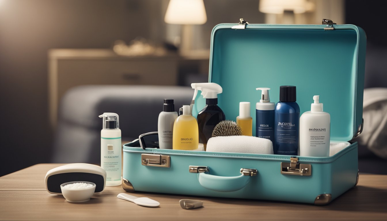 A suitcase open, with personal items and toiletries spilling out onto a table. Items such as toothpaste, shampoo, and a hairbrush are visible