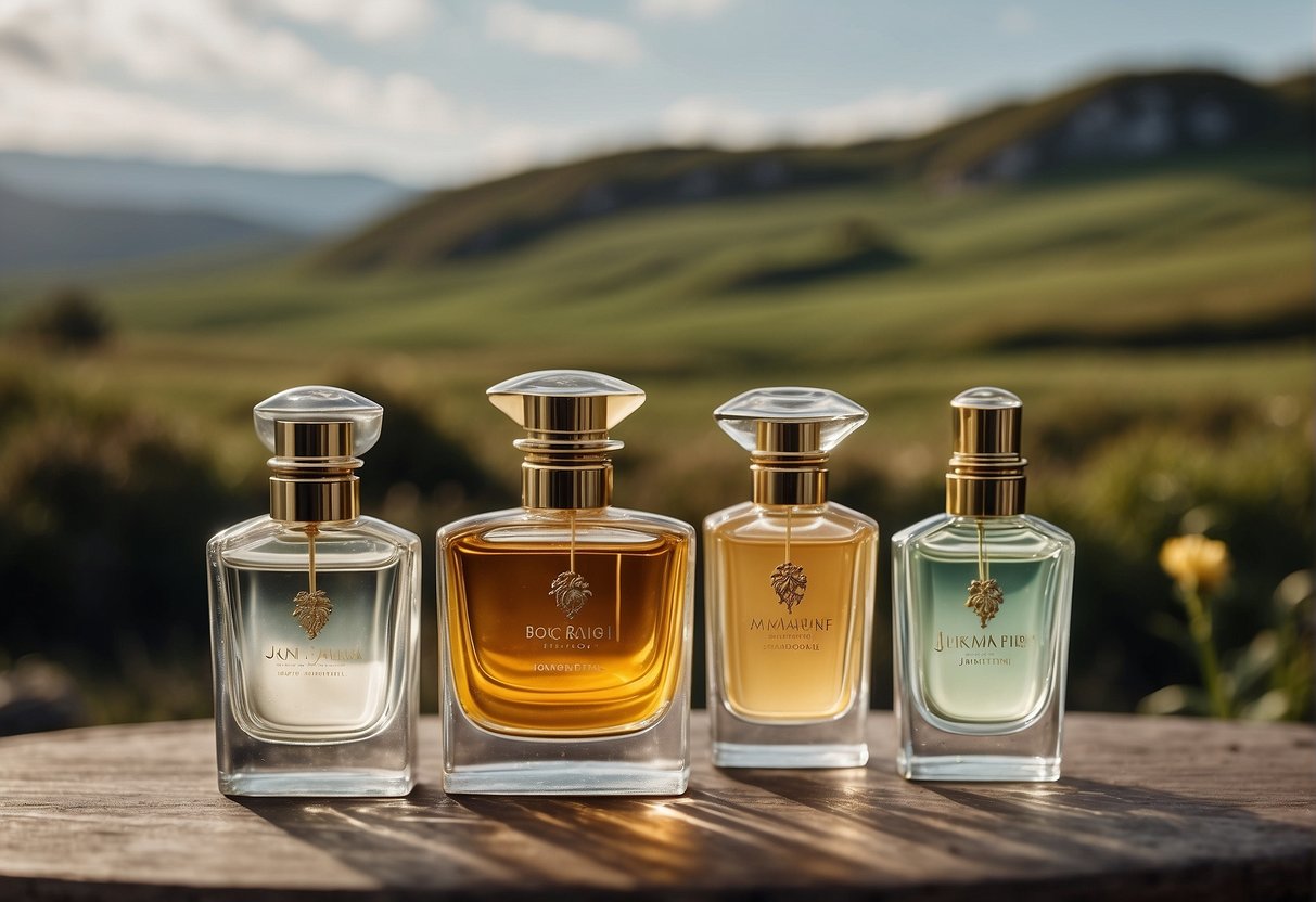 A table with various perfume bottles arranged in a stylish manner, surrounded by elegant packaging and a backdrop of Irish scenery