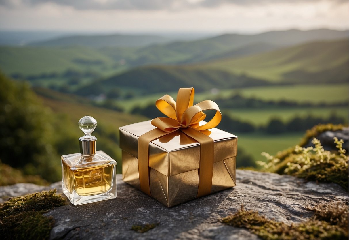 A beautifully wrapped gift box with various perfume bottles and a ribbon, set against a backdrop of Irish landscapes and landmarks