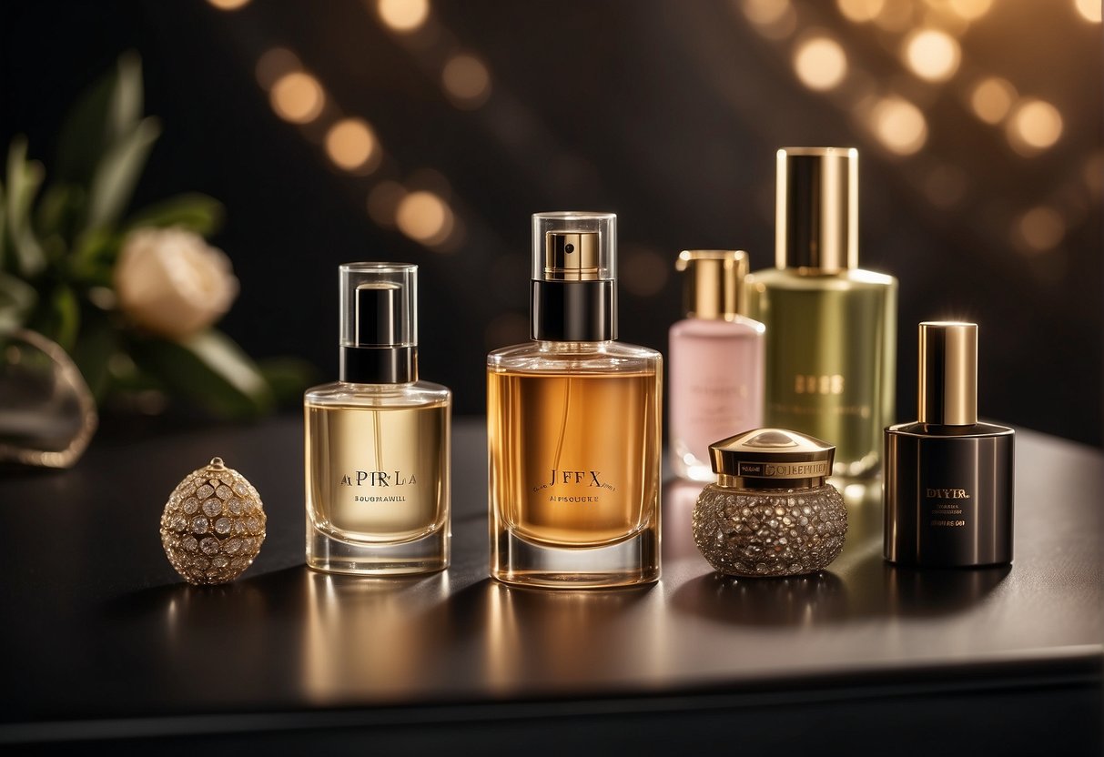 A table displays various fragrance products with elegant packaging and labels. A soft spotlight highlights the items, creating a luxurious and inviting atmosphere