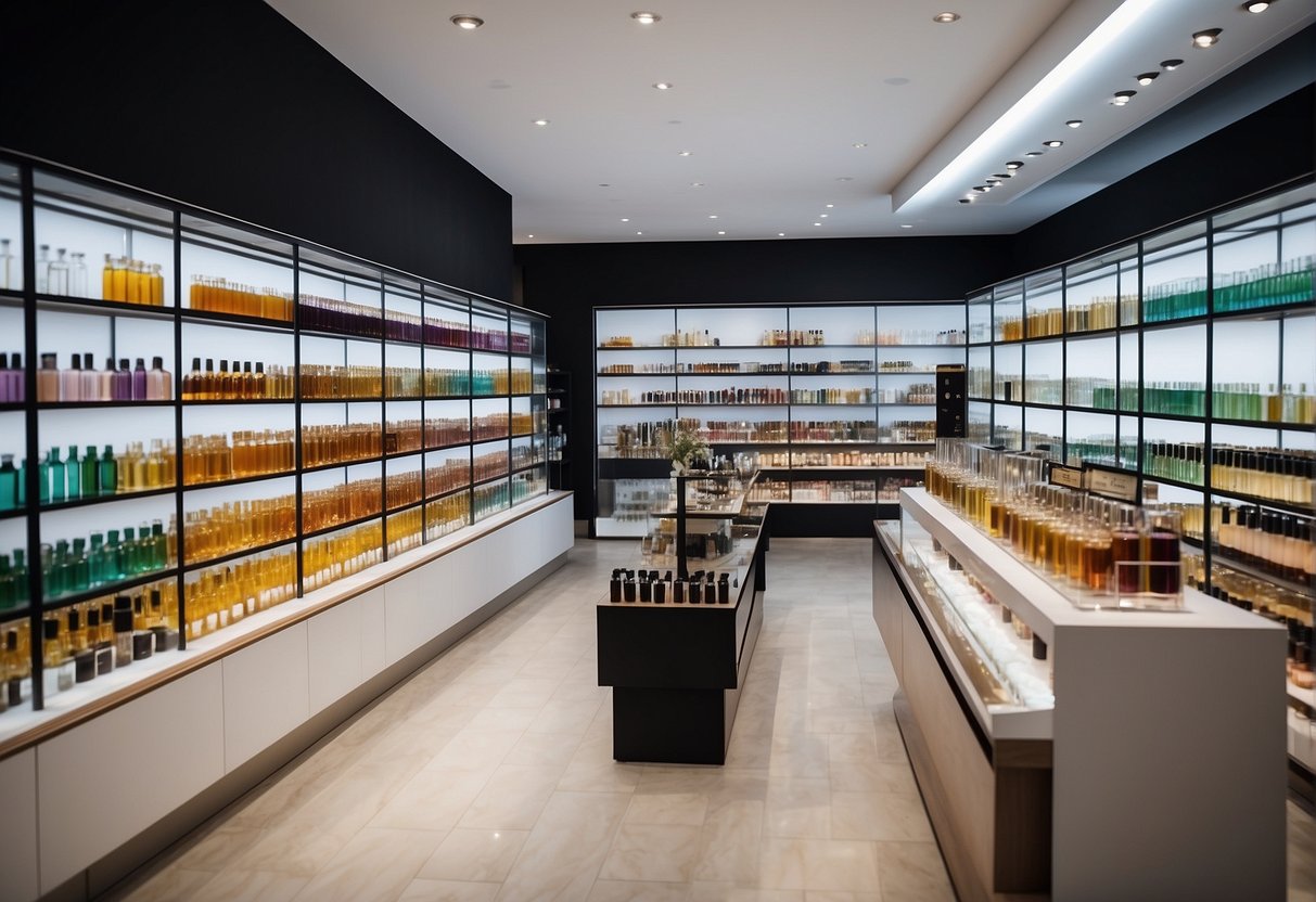 A bright, modern perfume shop with shelves of colorful bottles. Customers browse and try samples, enjoying a convenient shopping experience