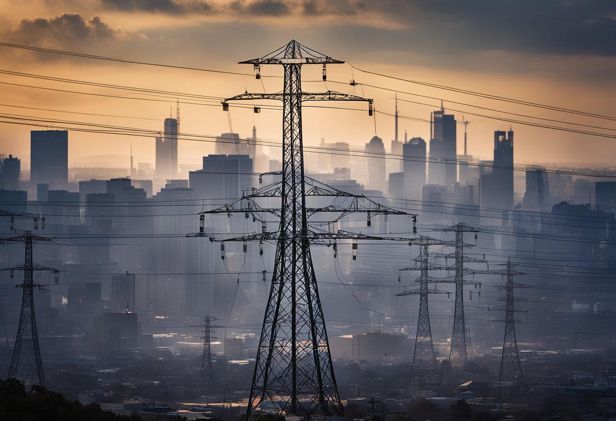 An electric utility company with power lines and transformers against a city skyline