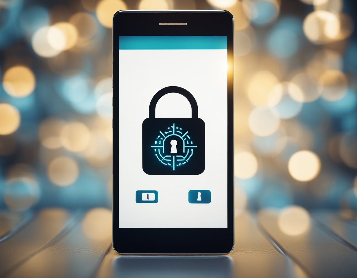 A smartphone with a lock icon overlaying the screen, surrounded by a shield symbol and a key symbol, symbolizing encryption and security