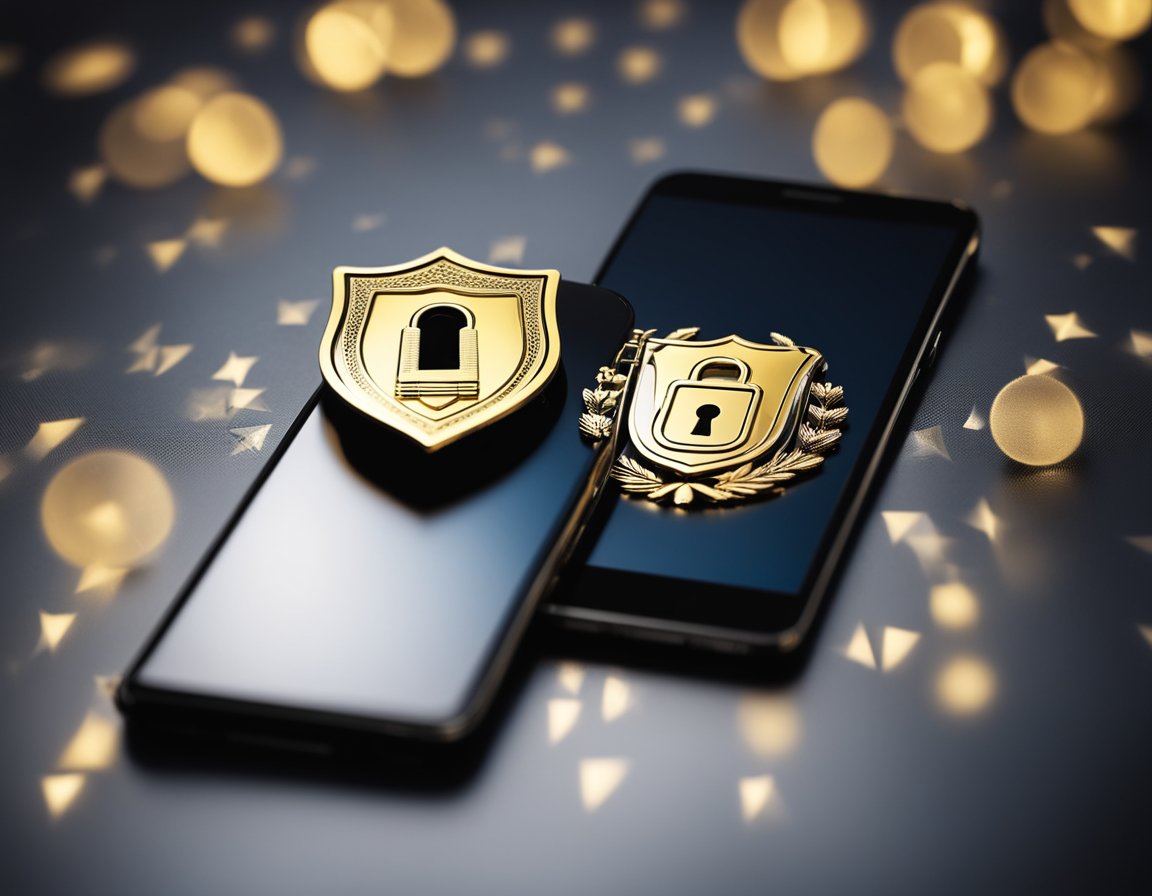 A smartphone with a lock icon on the screen, surrounded by a shield symbol and a key, symbolizing encryption and data security