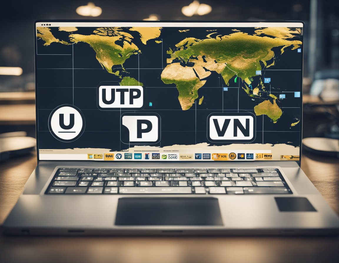 A computer screen displays the Ultrasurf VPN logo with a world map in the background, symbolizing global access and security