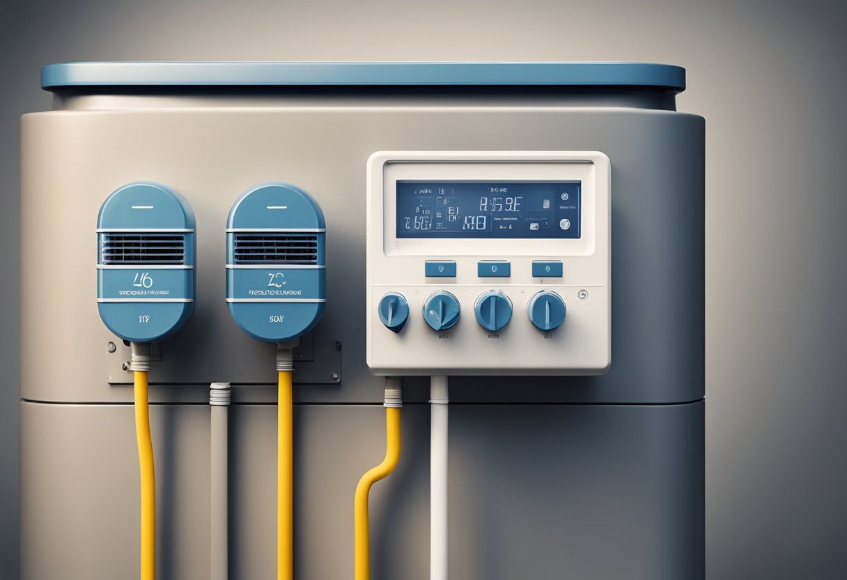 A heat pump drawing power from an electrical outlet, with energy flow indicated by arrows