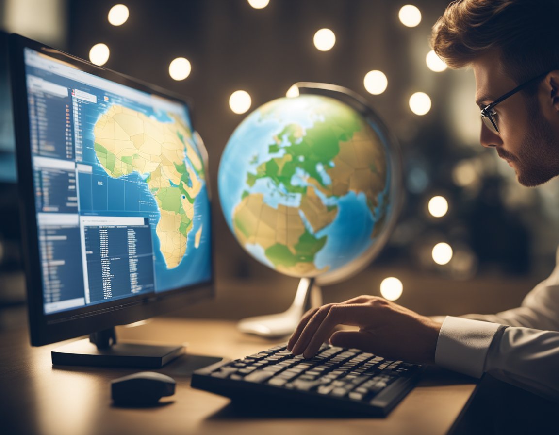 A person setting up a proxy on a computer, with a globe in the background, demonstrating how to browse anonymously