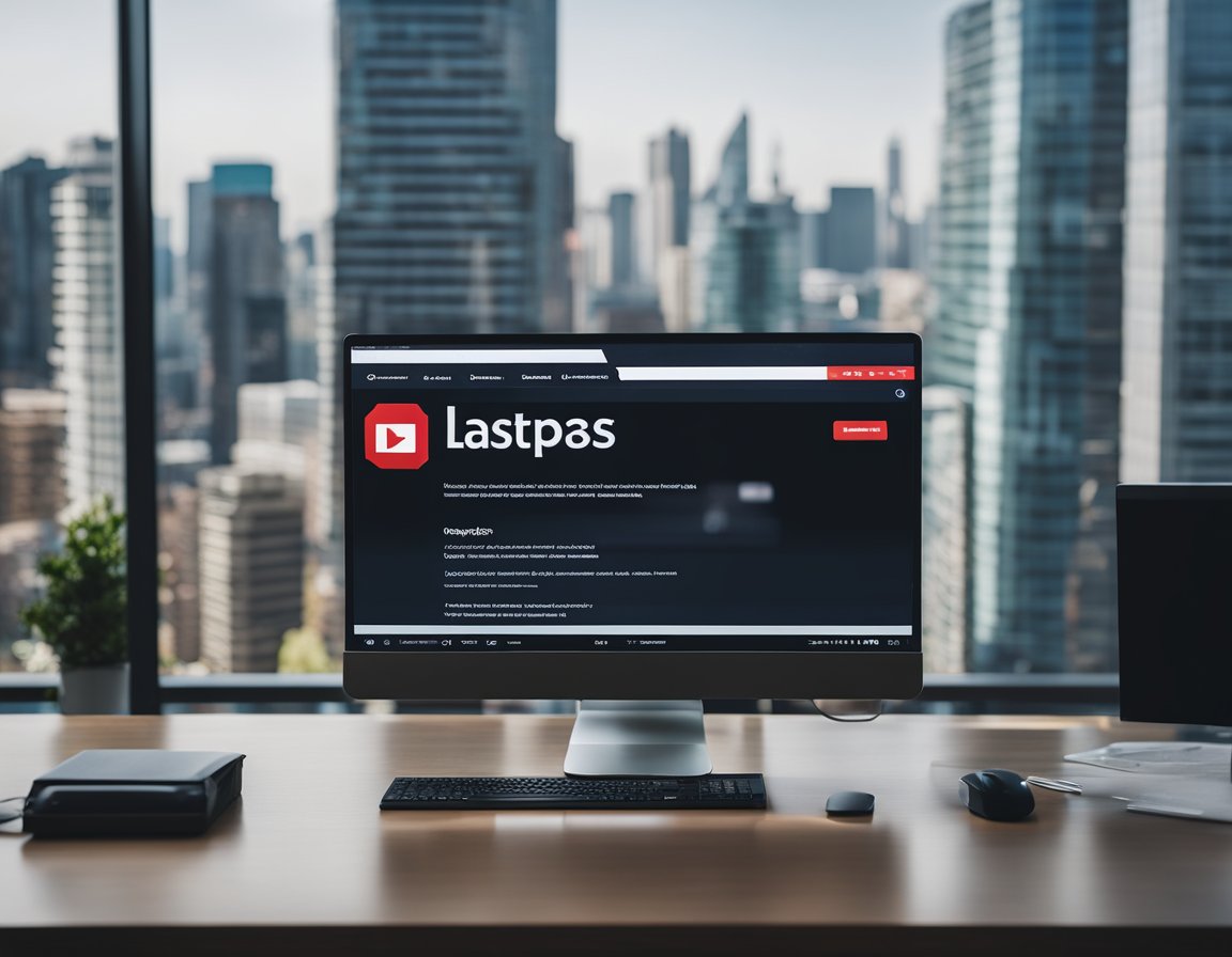 A computer screen displaying the LastPass logo and user interface, with a keyboard and mouse nearby. The background shows a modern office setting with a city skyline visible through the window