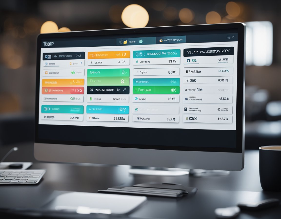 A glowing digital interface displays the "Top 10 Password Managers in 2024" with sleek, modern designs and intuitive features. The screen showcases the logos and names of the top-rated password management tools