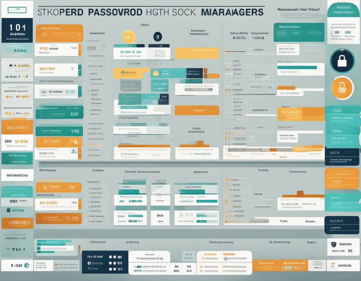 A comparison chart of the top 10 password managers in 2024, with colorful graphs and ratings, displayed on a digital screen