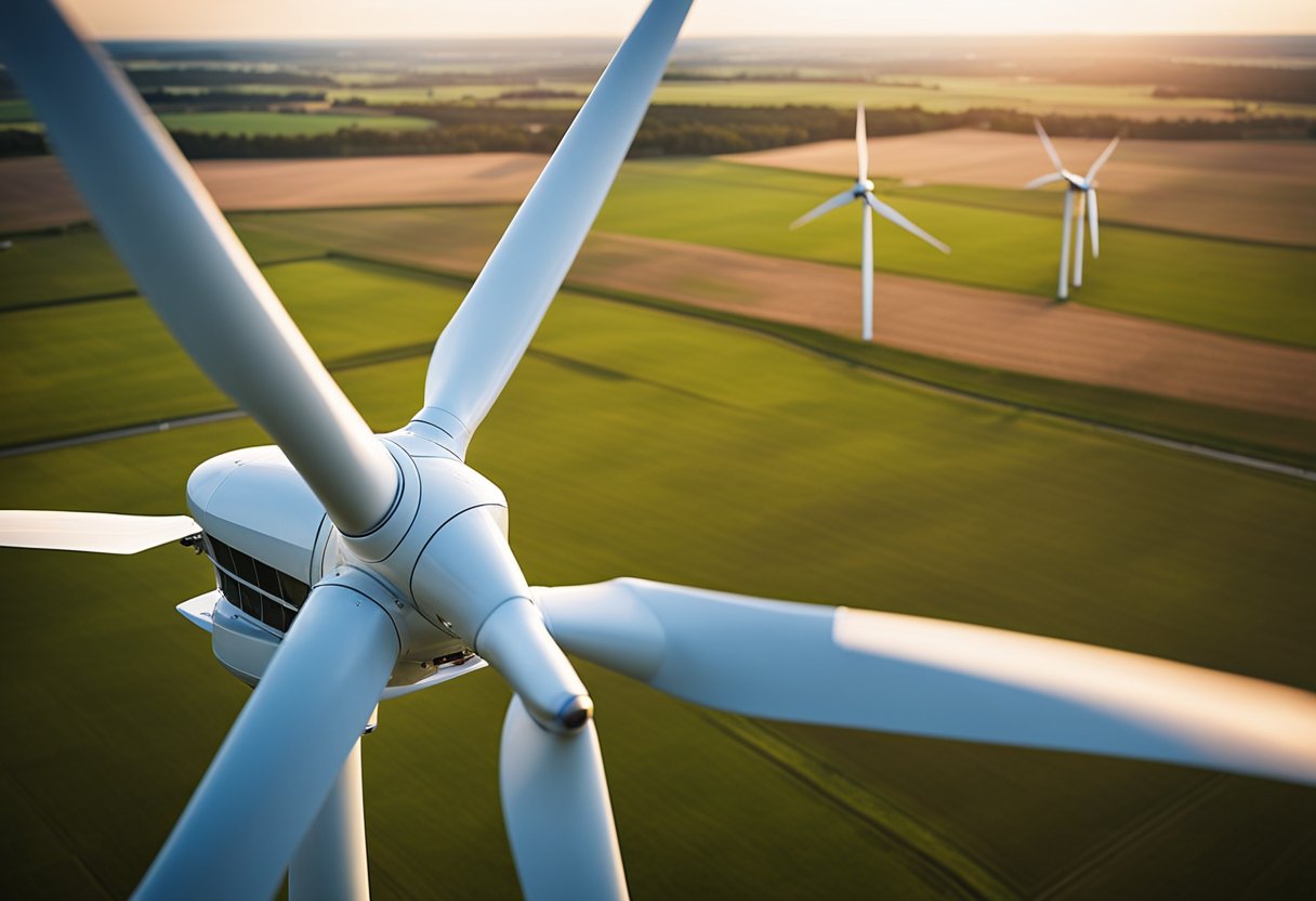 A wind turbine spins in a vast open field, harnessing the power of the wind to generate electricity. The blades rotate gracefully as they capture the energy from the air
