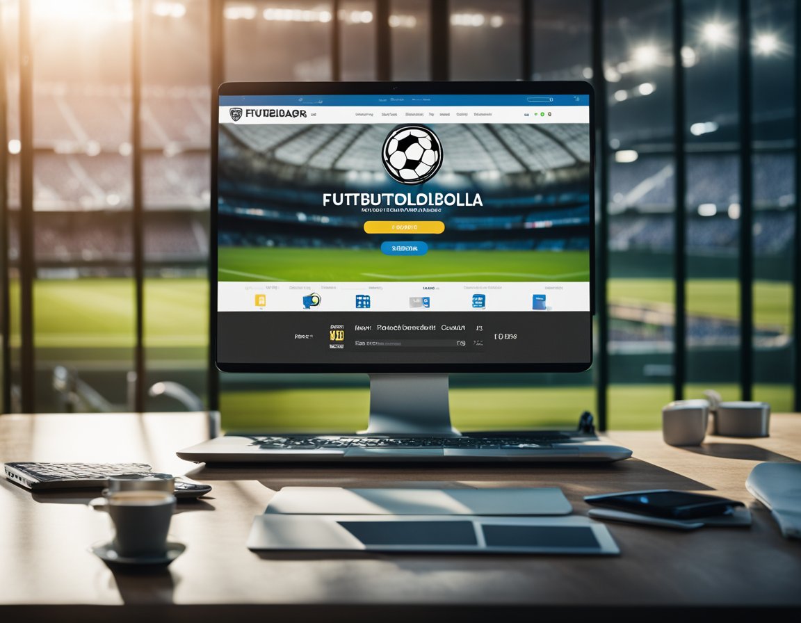 A computer screen displaying the FutbolArg.com website with a secure padlock icon in the address bar, surrounded by soccer-related graphics and content