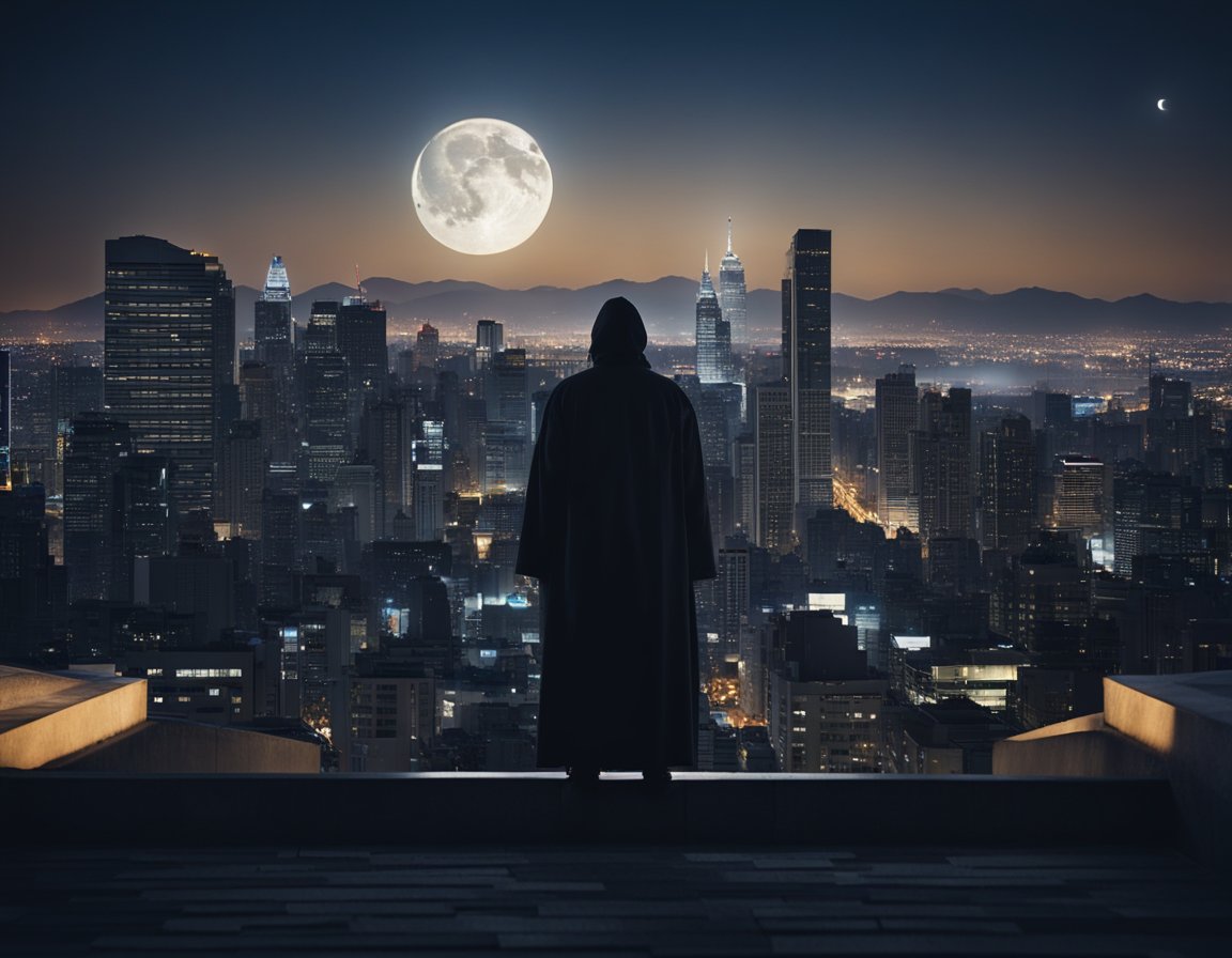 A dark figure stands on a rooftop, overlooking a city skyline at night. The moon casts a shadow, as the figure surveys the city below