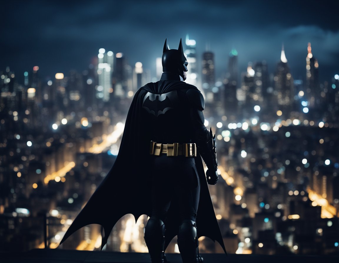 A dark, urban cityscape with a brooding silhouette of Batman overlooking the skyline, surrounded by the glow of city lights and the shadowy presence of Gotham's iconic architecture