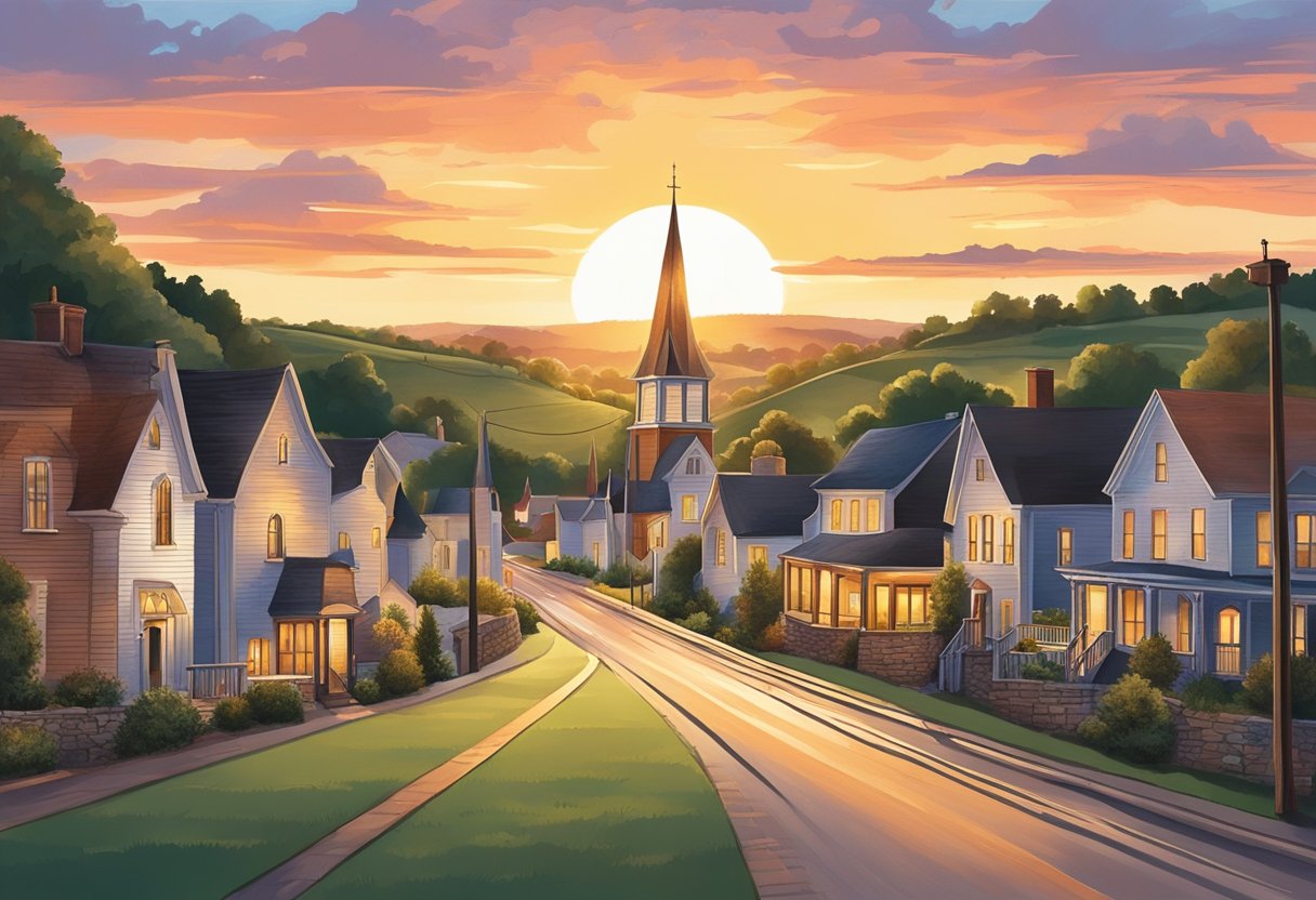 A small town nestled in rolling hills, Jersey, OH is dotted with charming homes and a bustling main street. The sun sets behind the silhouette of a historic church steeple, casting a warm glow over the peaceful scene