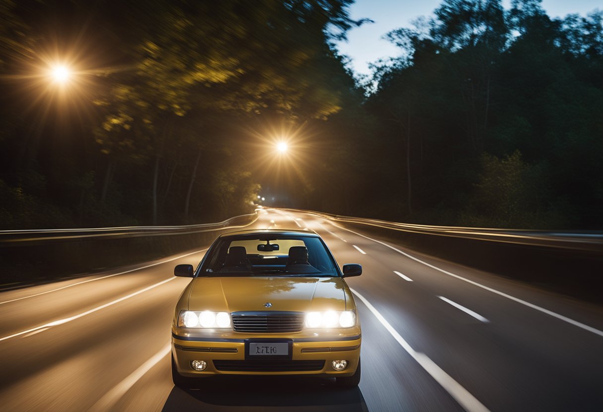 A car with high beam headlights illuminates the road with intense brightness, while a car with low beam headlights casts a softer, more focused light. The difference in luminosity is evident as the high beam emits a higher number of lumens compared to the