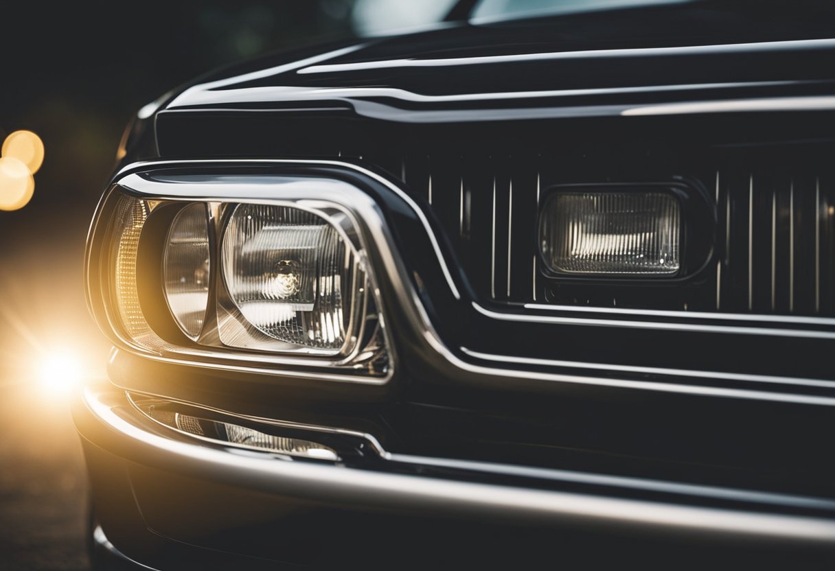 A car headlight emitting a bright beam of light, illuminating the surrounding area with a high lumen output