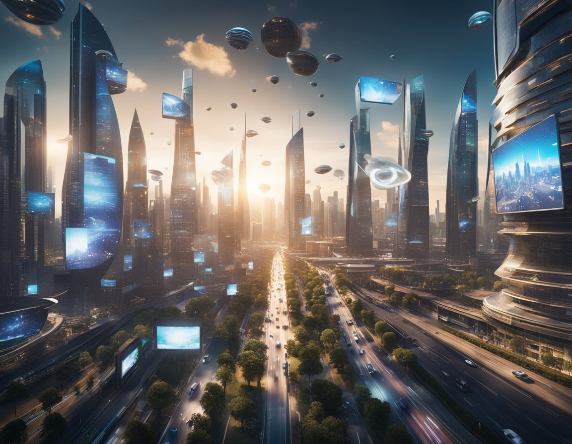 A futuristic cityscape with holographic billboards displaying alternative torrent sites to Elitetorrent in 2024. The skyline is filled with sleek, towering buildings and flying vehicles zipping through the air