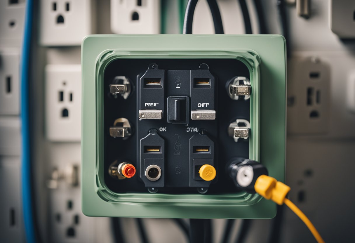 A power outlet with a switch turned off, surrounded by energy-saving devices