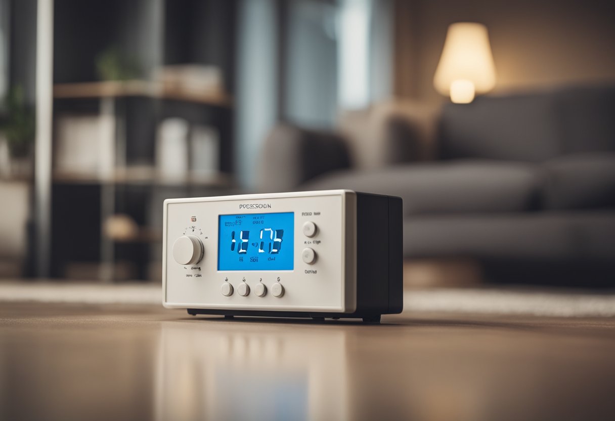 A room with a thermostat set to a specific temperature, with warm cables visible under the floor, and a meter displaying the current power consumption