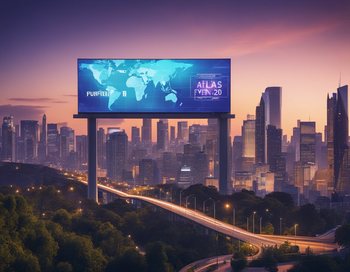 A futuristic city skyline with a prominent billboard displaying "Atlas VPN" and "Cupones y ofertas de Atlas VPN en 2024" in bold, vibrant colors