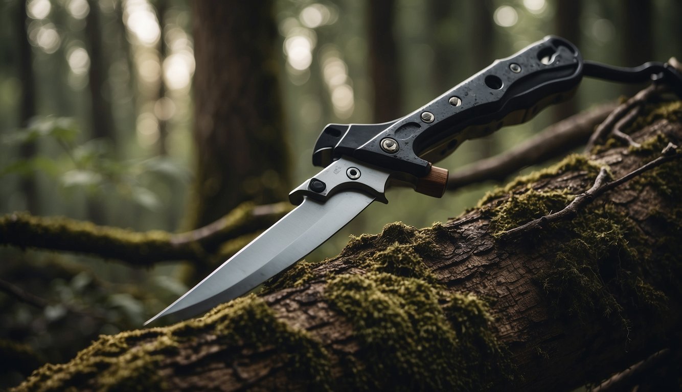 A rugged survival saw slicing effortlessly through a thick tree branch in a dense wilderness setting