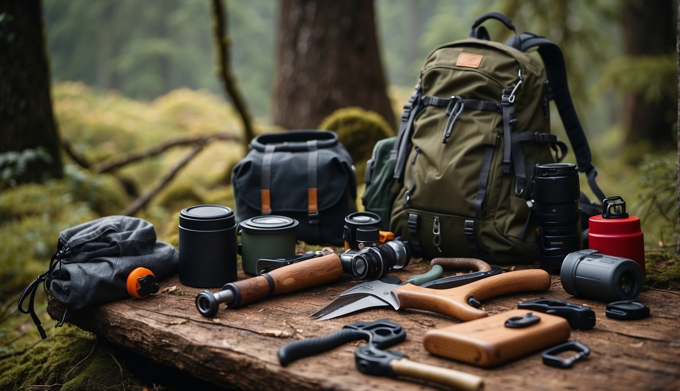 A rugged wilderness setting with a backpack, camping gear, and two types of saws laid out for comparison