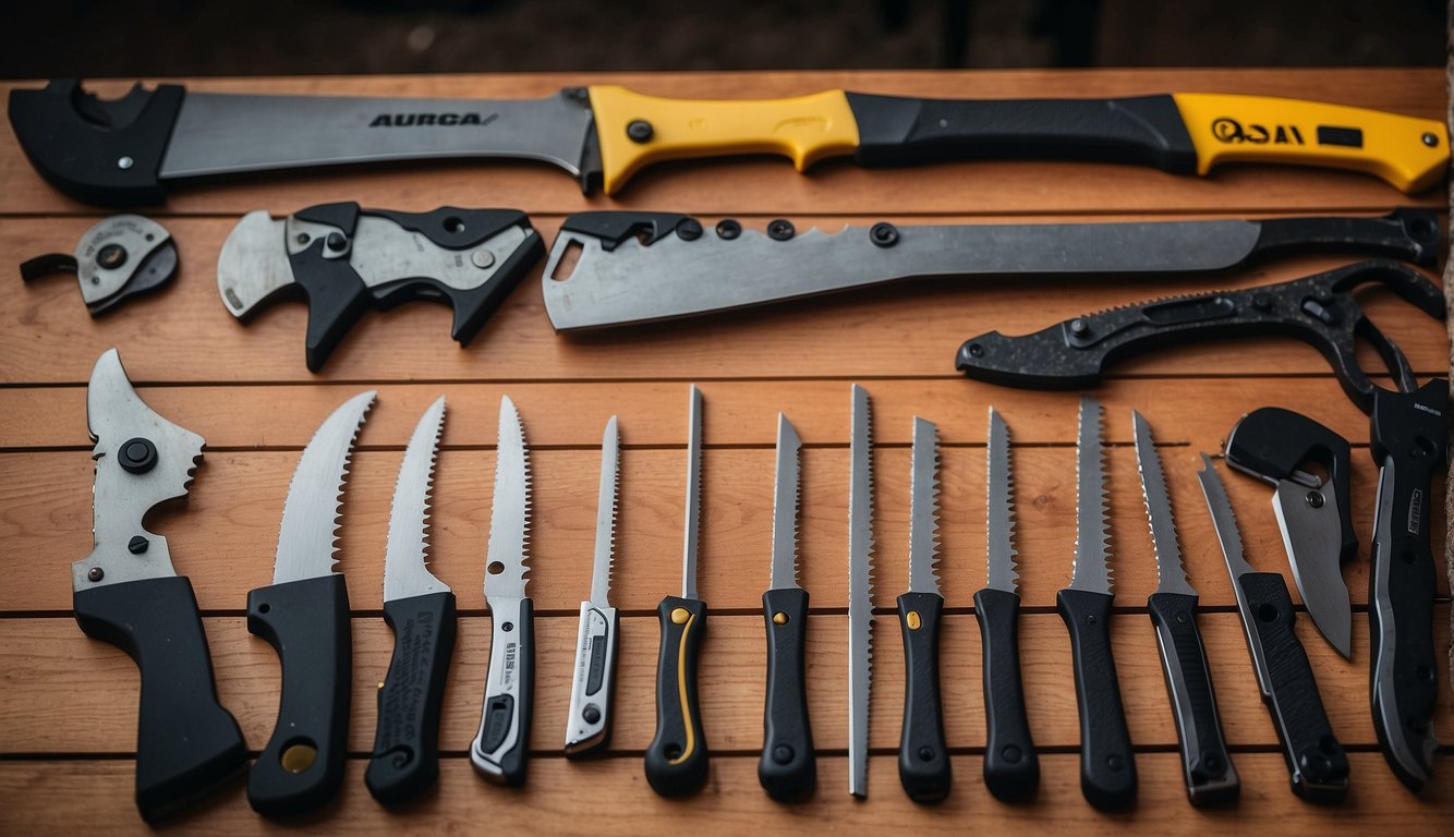 An array of saw types laid out on a wooden table, including survival bow saws and folding saws. The tools are arranged neatly, showcasing their different features and sizes