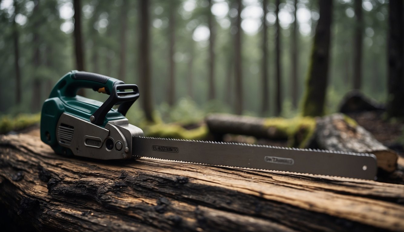 A saw resting on a flat rock, with oil and a rag nearby. Surrounding the saw are branches and logs, indicating recent use in the wilderness