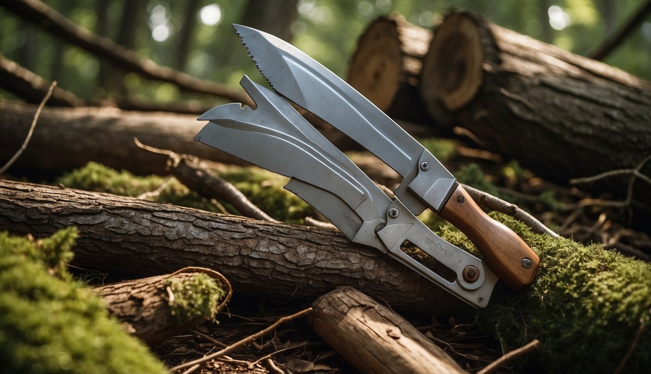 A saw is nestled in a wooden tool kit, surrounded by fallen branches and logs in a lush wilderness setting. The saw's blade is clean and sharp, ready for long-term use