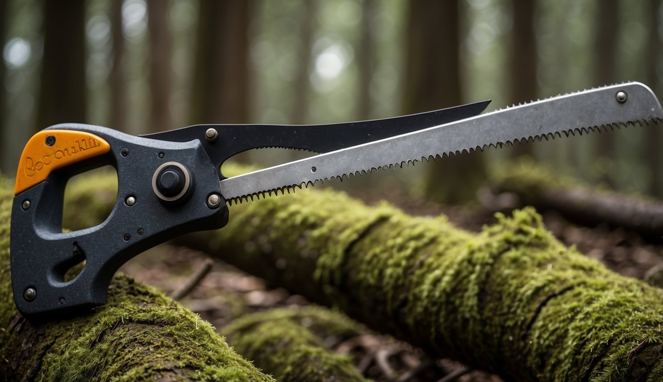 A bow saw cuts through thick branches. A folding saw is compact. Both are useful for survival