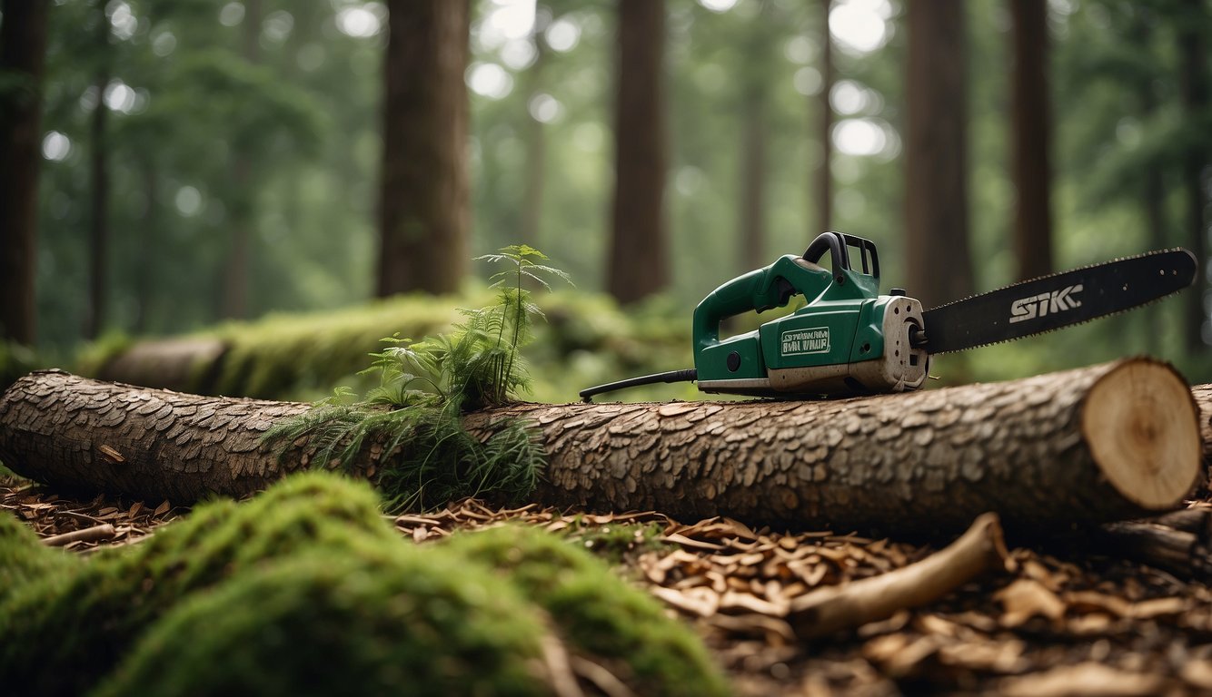 A saw resting on a tree stump, surrounded by scattered wood chips and a small pile of freshly cut logs in a lush, green wilderness setting