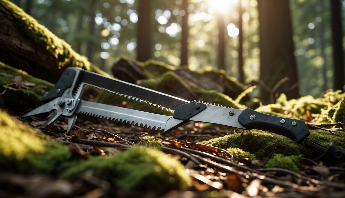 A bow saw and folding saw lay side by side on a forest floor, surrounded by fallen branches and foliage. The sun filters through the trees, casting dappled shadows on the ground