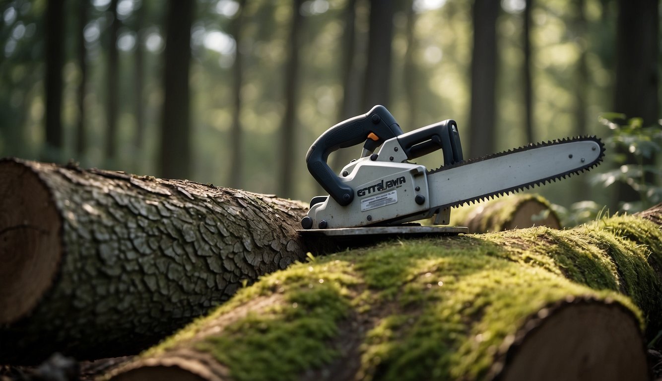 A saw is being used to cut through a thick log in a forest clearing. The saw is well maintained and shows no signs of rust or damage