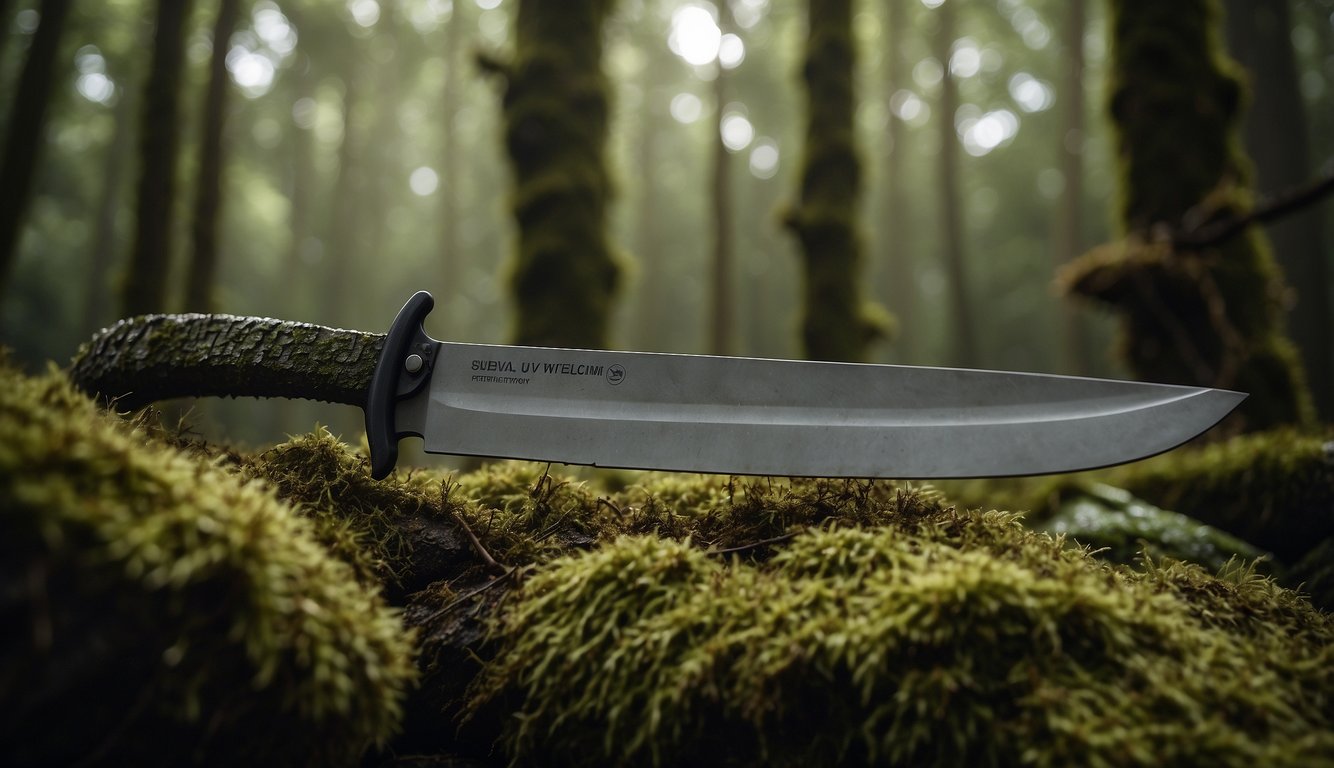 A survival saw lies on a mossy log in a dense forest. The blade is sharp and gleaming, ready for use. Surrounding trees and foliage create a sense of isolation and wilderness