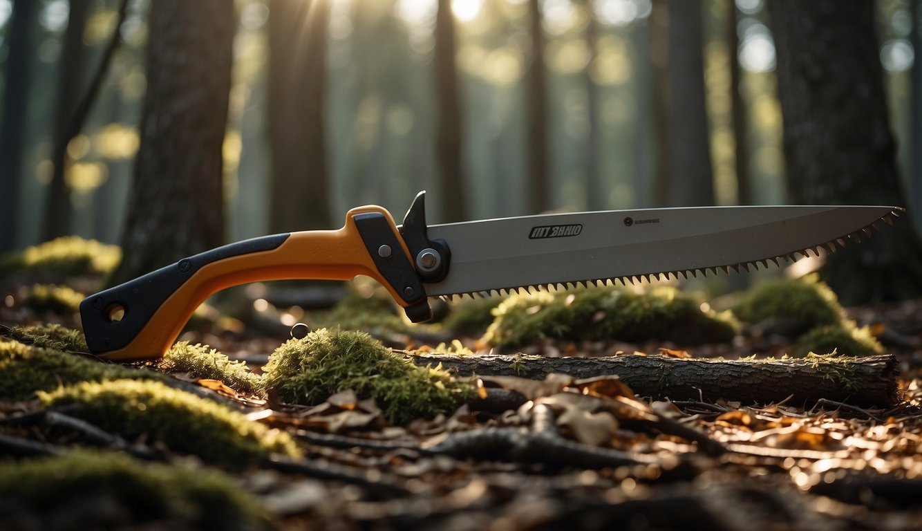 A bow saw and folding saw lay on a forest floor, surrounded by fallen branches. The sun filters through the trees, casting dappled light on the tools