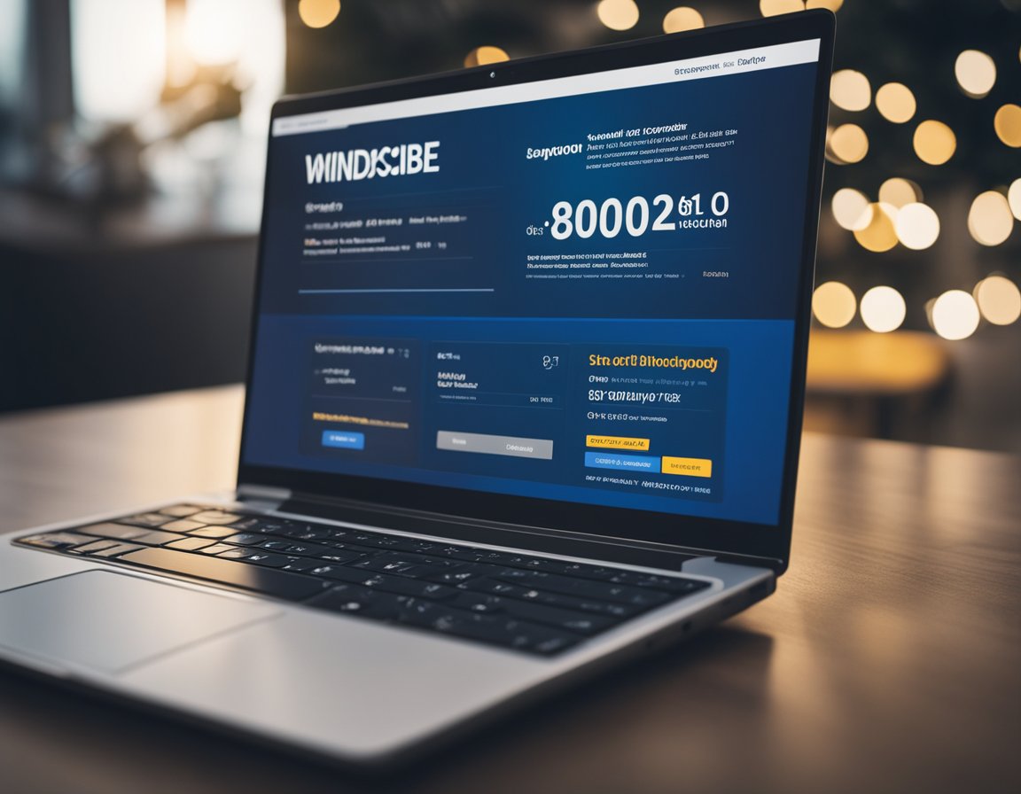 A laptop displaying Windscribe coupons and offers in 2024. An open browser shows various deals and discounts