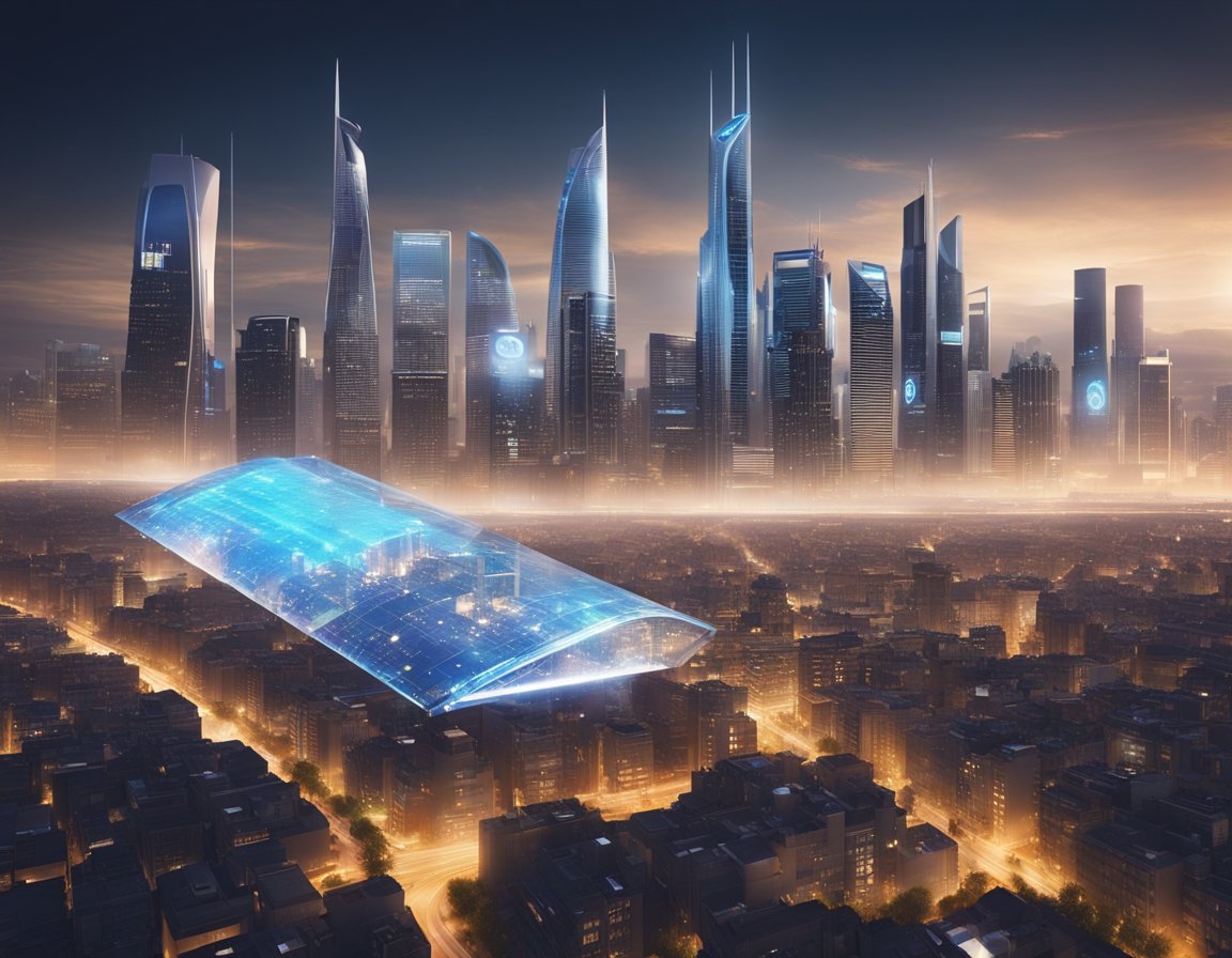 A futuristic city skyline with holographic advertisements for Windscribe floating in the air, surrounded by sleek, high-tech buildings