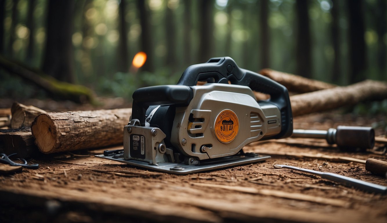 A saw lying on a wooden surface surrounded by various tools and materials, with a backdrop of a dense forest and a small campfire in the distance