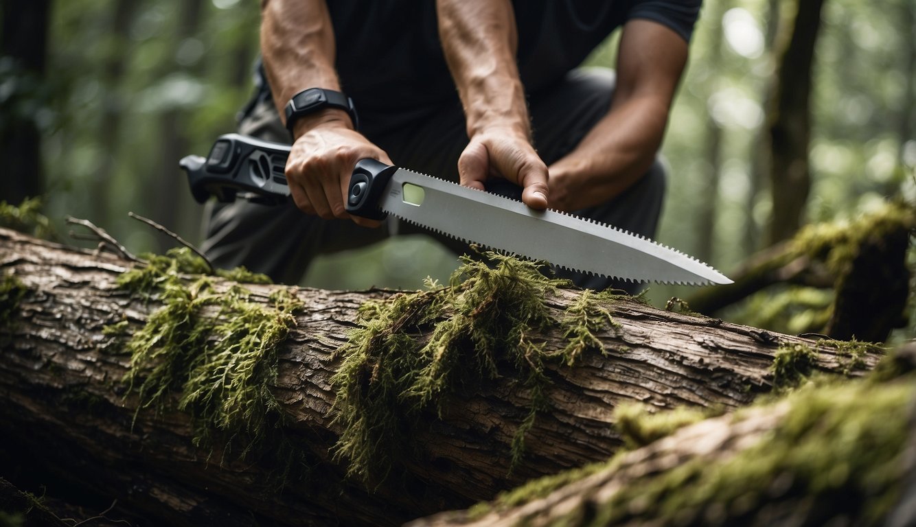 A person in the wilderness using a survival saw to cut through a fallen tree branch, surrounded by dense foliage and rugged terrain