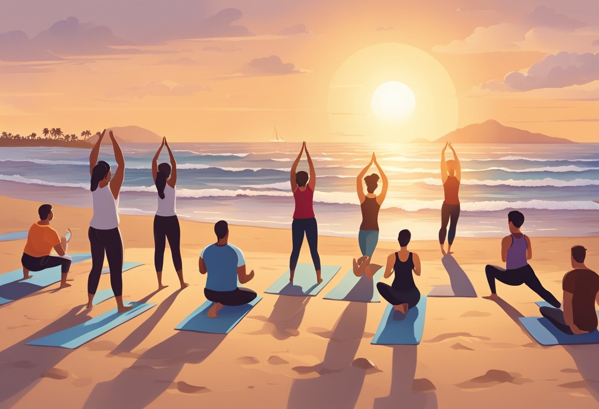 A group of people working out on a sandy beach, with waves crashing in the background. Some are doing yoga, others are lifting weights, and a few are running along the shore. The sun is setting, casting a warm glow over the scene