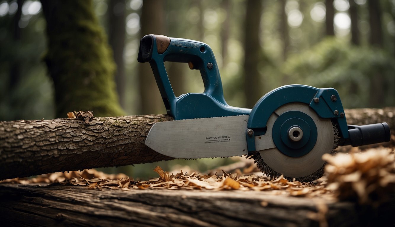 A saw is propped against a sturdy tree, surrounded by a clutter of wood shavings and branches. The blade is being carefully cleaned and sharpened with a small file, while a small bottle of oil sits nearby